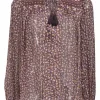 Burgundy ditsy floral silk-blend chiffon peasant style Constance top with tassel accents