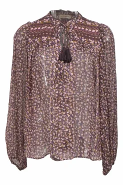 Burgundy ditsy floral silk-blend chiffon peasant style Constance top with tassel accents