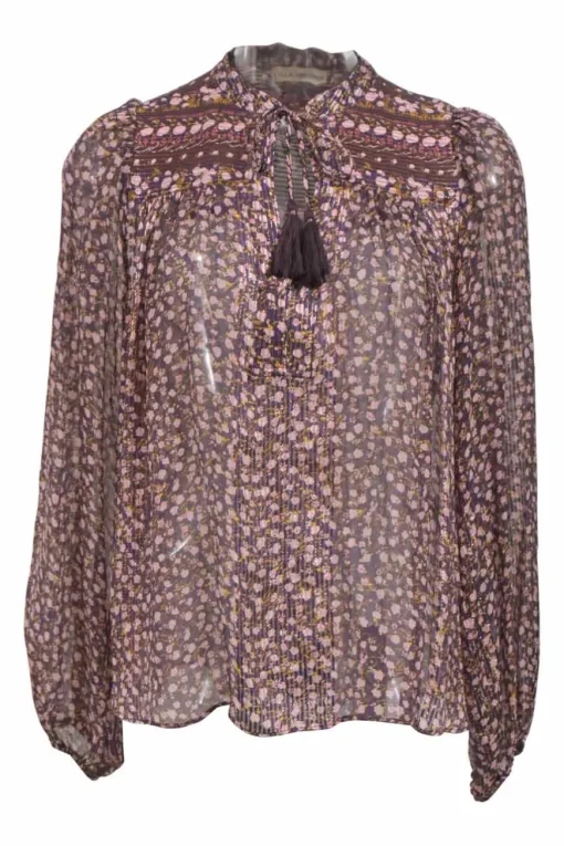 Burgundy ditsy floral silk-blend chiffon peasant style Constance top with tassel accents