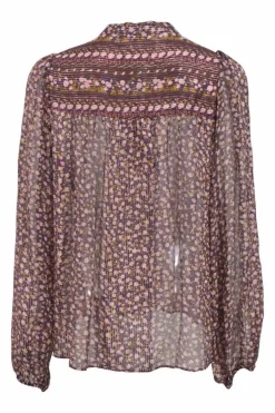 Burgundy ditsy floral silk-blend chiffon peasant style Constance top with tassel accents