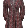 Burgundy linen floral print plunge neck blouson sleeve mini dress with lace-up detailing at centre front