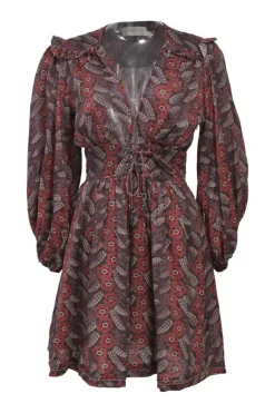 Burgundy linen floral print plunge neck blouson sleeve mini dress with lace-up detailing at centre front