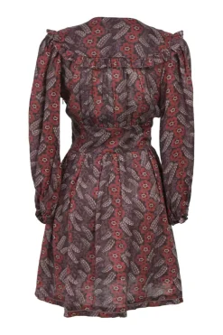 Burgundy linen floral print plunge neck blouson sleeve mini dress with lace-up detailing at centre front
