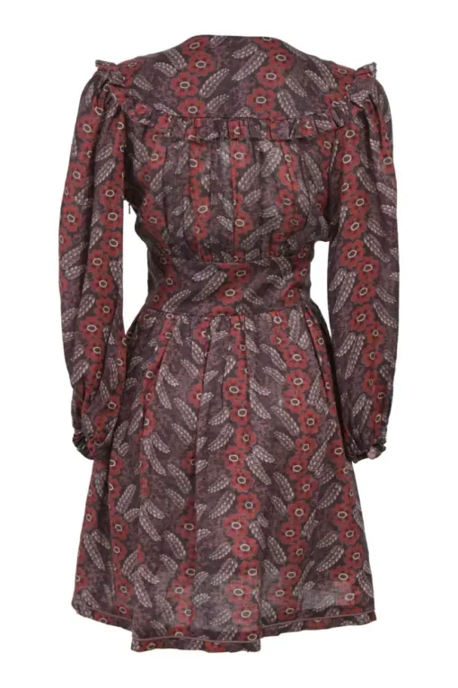 Burgundy linen floral print plunge neck blouson sleeve mini dress with lace-up detailing at centre front