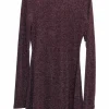 Burgundy nylon-lurex blend glitter pullover long sleeve knit mini skater dress