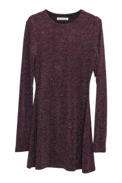 Burgundy nylon-lurex blend glitter pullover long sleeve knit mini skater dress