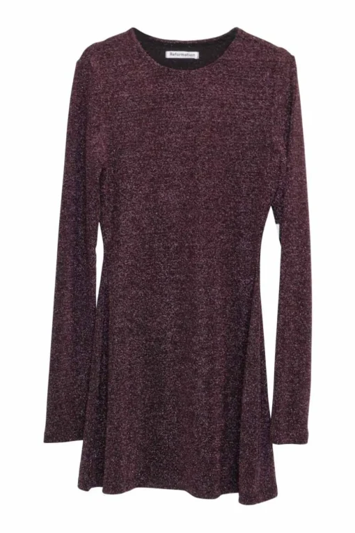 Burgundy nylon-lurex blend glitter pullover long sleeve knit mini skater dress