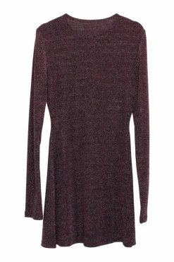 Burgundy nylon-lurex blend glitter pullover long sleeve knit mini skater dress