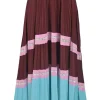 Burgundy paneled bias-cut polyester plissé midi skirt with contrasting lace inserts