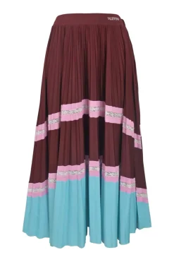 Burgundy paneled bias-cut polyester plissé midi skirt with contrasting lace inserts