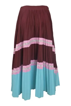 Burgundy paneled bias-cut polyester plissé midi skirt with contrasting lace inserts
