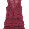 Burgundy polyester-cotton blend teardrop guipure lace high collar sleeveless ruffle mini skater dress