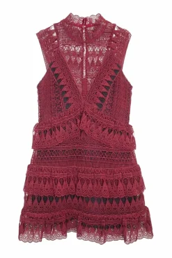 Burgundy polyester-cotton blend teardrop guipure lace high collar sleeveless ruffle mini skater dress