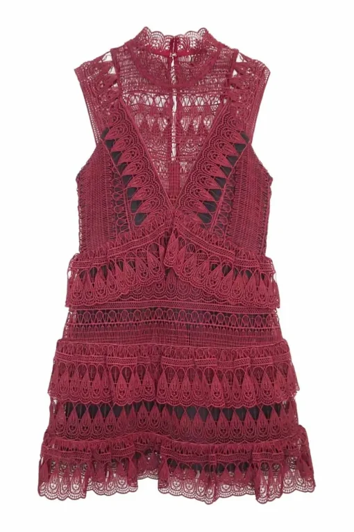 Burgundy polyester-cotton blend teardrop guipure lace high collar sleeveless ruffle mini skater dress