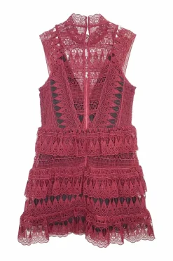 Burgundy polyester-cotton blend teardrop guipure lace high collar sleeveless ruffle mini skater dress