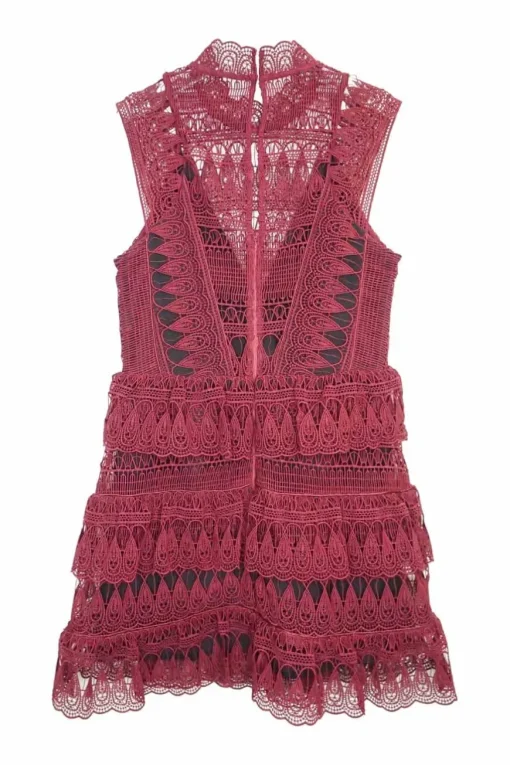 Burgundy polyester-cotton blend teardrop guipure lace high collar sleeveless ruffle mini skater dress