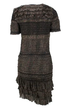 Burgundy print chiffon, ruched elasticated stretch figure fit mini dress with short sleeve, ruffle layer detail in bodice and bottom hem.