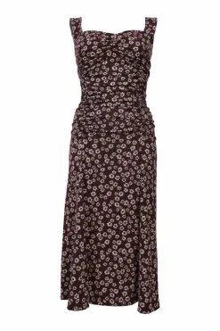 Burgundy ruched floral print sweetheart bustier midi dress