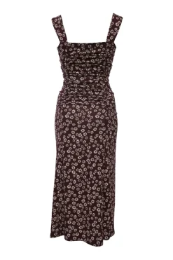 Burgundy ruched floral print sweetheart bustier midi dress