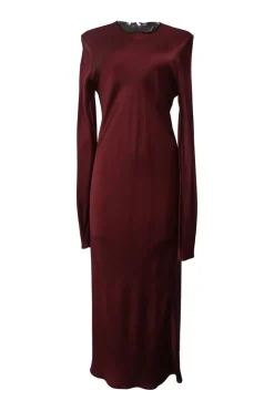 Burgundy satin long sleeve midi dress