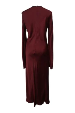 Burgundy satin long sleeve midi dress