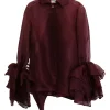 Burgundy silk organza button-front shirt with tiered ruffle sleeves and draped back panels