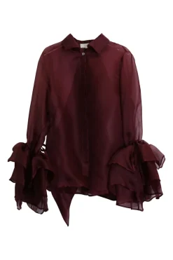 Burgundy silk organza button-front shirt with tiered ruffle sleeves and draped back panels