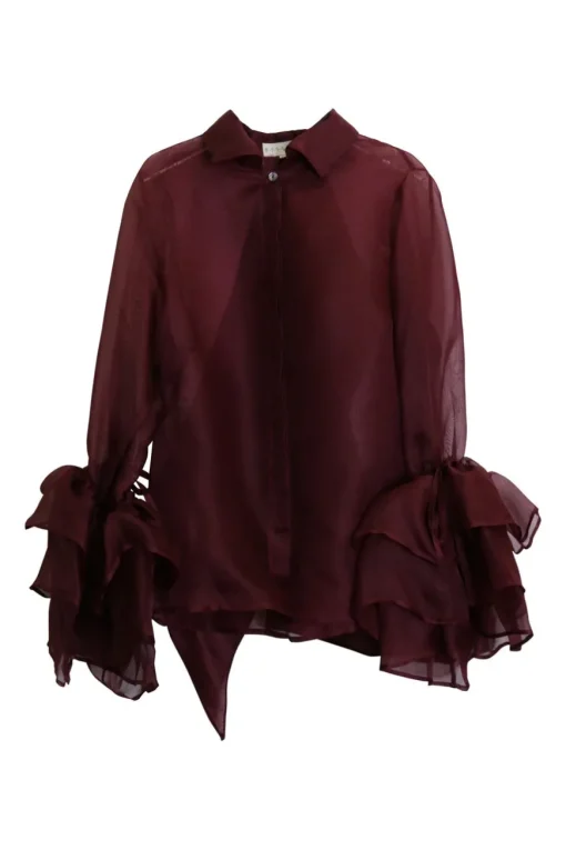Burgundy silk organza button-front shirt with tiered ruffle sleeves and draped back panels