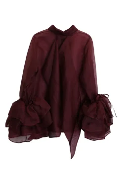 Burgundy silk organza button-front shirt with tiered ruffle sleeves and draped back panels
