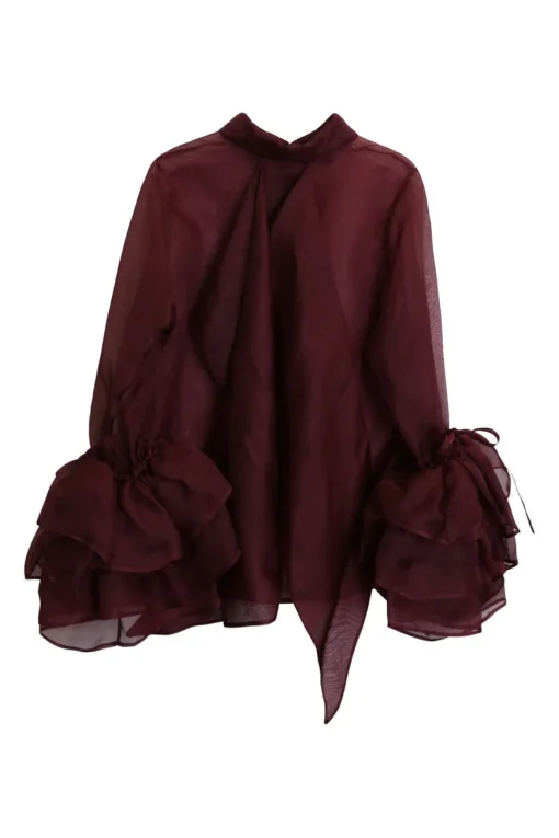 Burgundy silk organza button-front shirt with tiered ruffle sleeves and draped back panels