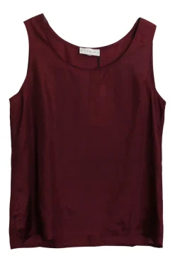 Burgundy silk organza button-front shirt with tiered ruffle sleeves and draped back panels
