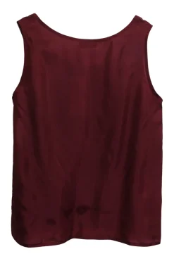 Burgundy silk organza button-front shirt with tiered ruffle sleeves and draped back panels