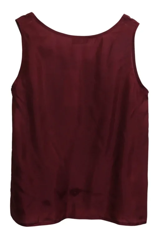Burgundy silk organza button-front shirt with tiered ruffle sleeves and draped back panels