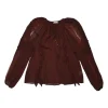 Burgundy silk semi-sheer polka dot keyhole ruffle blouse with tassel tie fastening at centre front