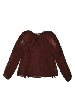 Burgundy silk semi-sheer polka dot keyhole ruffle blouse with tassel tie fastening at centre front