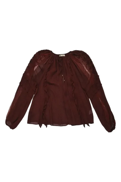 Burgundy silk semi-sheer polka dot keyhole ruffle blouse with tassel tie fastening at centre front