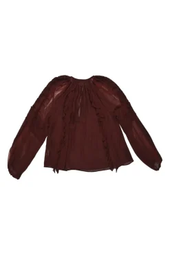 Burgundy silk semi-sheer polka dot keyhole ruffle blouse with tassel tie fastening at centre front