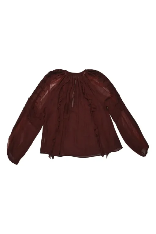 Burgundy silk semi-sheer polka dot keyhole ruffle blouse with tassel tie fastening at centre front