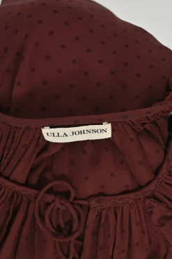 Burgundy silk semi-sheer polka dot keyhole ruffle blouse with tassel tie fastening at centre front