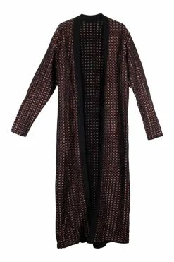 Burgundy synthetic fiber blend metallic warp knit wave motif open front cardigan