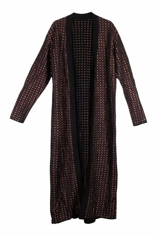 Burgundy synthetic fiber blend metallic warp knit wave motif open front cardigan