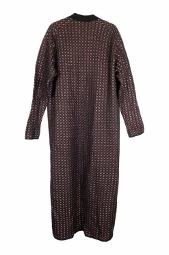Burgundy synthetic fiber blend metallic warp knit wave motif open front cardigan