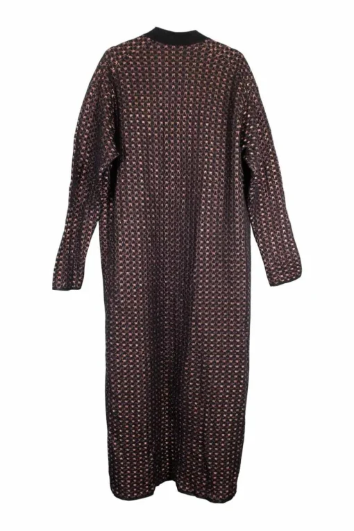 Burgundy synthetic fiber blend metallic warp knit wave motif open front cardigan