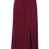 Burgundy wool-blend fantasy tweed high-waist front slit maxi skirt with contrasting waistband