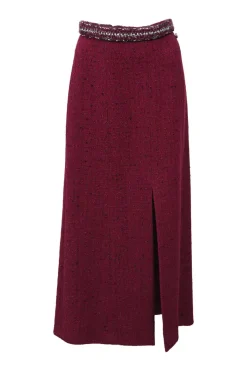 Burgundy wool-blend fantasy tweed high-waist front slit maxi skirt with contrasting waistband