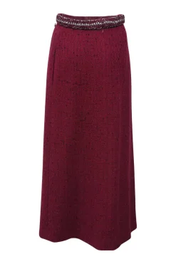 Burgundy wool-blend fantasy tweed high-waist front slit maxi skirt with contrasting waistband