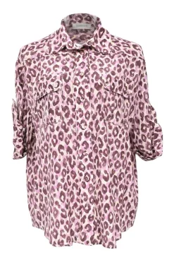 Burgundy-pink leopard print silk spread collar short sleeve cargo shirt