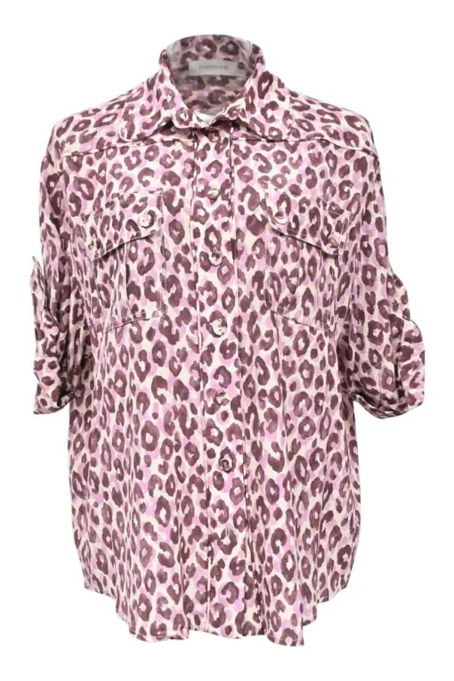 Burgundy-pink leopard print silk spread collar short sleeve cargo shirt