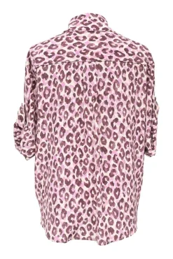Burgundy-pink leopard print silk spread collar short sleeve cargo shirt