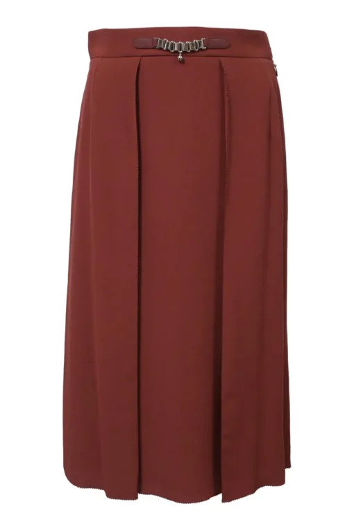 Burnt red pull-on inverted box pleat midi skirt with chainlink Martingale